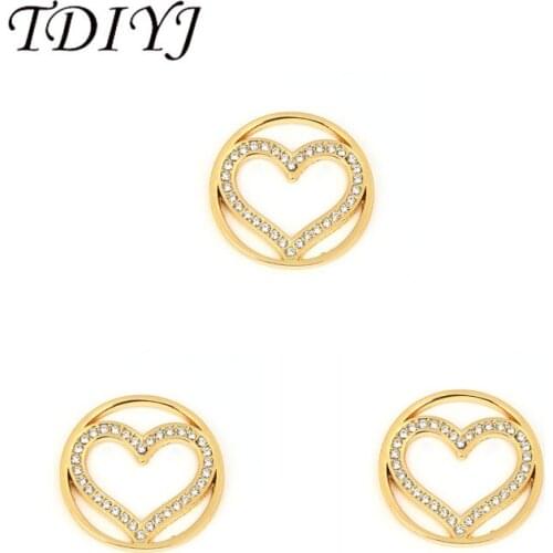 TDIYJ Stylish 33mm Gold Crystal Heart Coin Disc for Coin Holder Frame Pendant Necklace 1Pcs