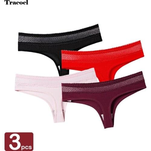 Tracoel 3Pcs/Pack Sexy Hollow Sports Thong Panties For Women Ladies G String T Back Pants Lace Cotton Sportwear Underwear Briefs