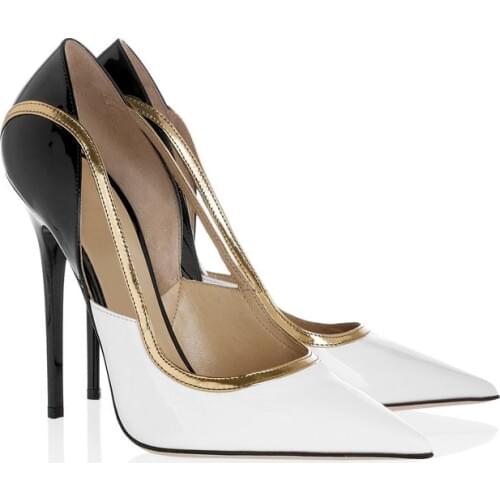 Patchwork Black White Gold Cut-Outs Ladies Pumps Evening Party Dress Shoes Woman Pointed Toe Chaussures Sexy Extreme High Heels