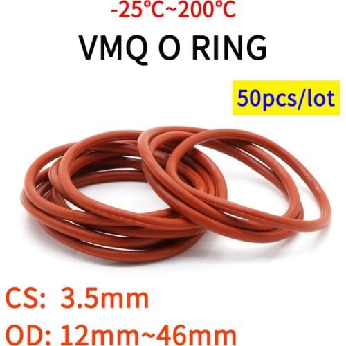 50pcs VMQ O Ring Seal Gasket Thickness CS 3.5mm OD 12 ~ 46mm Silicone Rubber Insulated Waterproof Washer Round Shape Nontoxi Red