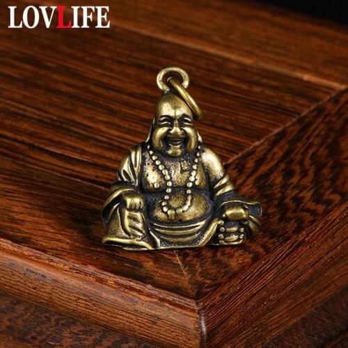 Vintage Brass Smiling Maitreya Buddha Figurines Keychain Pendant Jewelry Metal Copper Car Key Chain Ring Hanging DIY Accessories