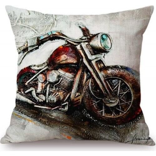 Vintage Oil Painting Motorcycle Decorative Sofa Cushion Cover Cotton Linen Motorbike Club Home Decor Old Fashion Throw Pillow