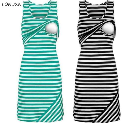 High quality Pregnant Women Casual Breastfeeding Nursing Dress Sleeveless Loose Striped Pregnancy Maternity Long Dresses