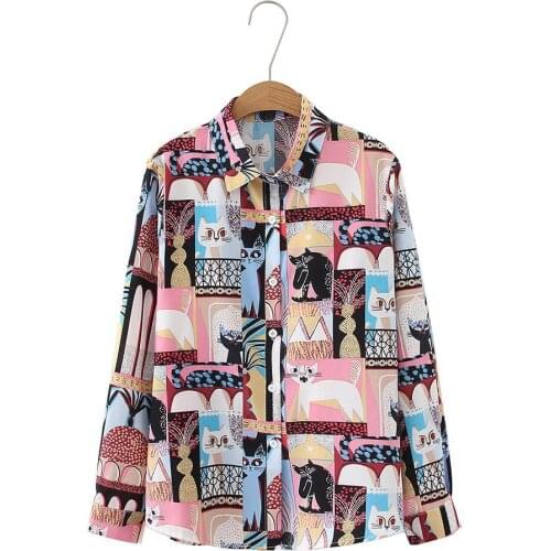 Women Shirt Cute Cats Print Long Sleeves Lapel Women Top Chiffon Casual Office Blouse Shirt Womens Clothing 2021