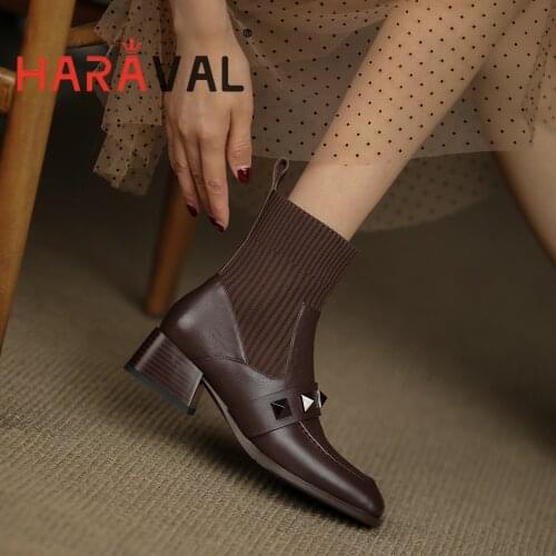 HARAVAL Ankle Boots Shoes Women Black Brown Motorcycle Boots Spring/Autumn Solid Square Toe Adult Slip-On Footwear Shoes E346L