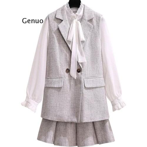 Womens Suit Spring And Autumn Bowknot White Shirt + Professional Vest Jacket +Cute Pleated Skirt College Style Three-Piece Sets