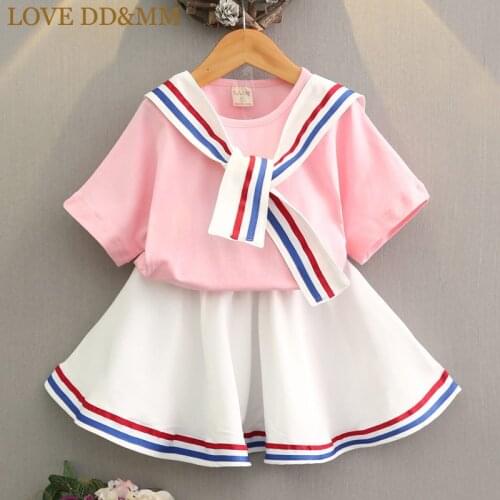 LOVE DD&MM Girls Sets 2020 Summer New Childrens Wear Girls College Wind Striped Short-Sleeved T-Shirt + White Skirt Suit