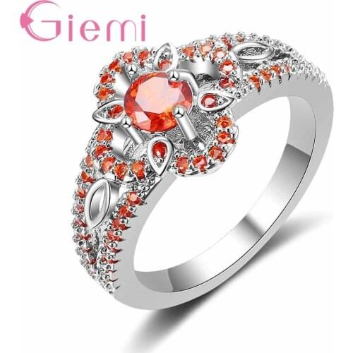 Personality Stylish Orange Flower Cross Crystal Stone Ring Anniversary for Womens Gifts 925 Sterling Silver