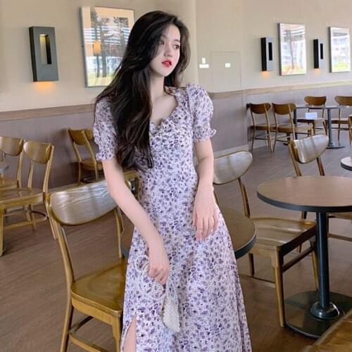 2021 Fashion Vintage Women Dress Casaul Party Purple Korean Style Vestidos Print Puff Sleeve Women Clothes Bodycon Dress WPY2751