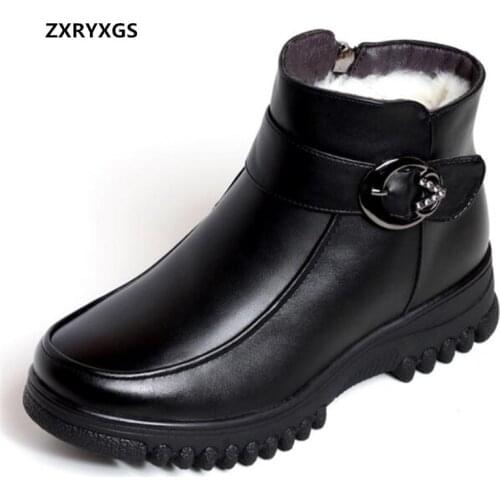 ZXRYXGS Genuine Leather Wool Boots Winter Women Boots Flat Wedges Non-slip Fashion Casual Boots Black Shoes Woman Snow Boots