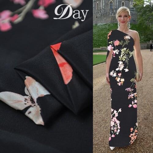 100cm*134cm black Hibiscus Flower Garden Pure Silk Fabric Crepe De Chine Telas