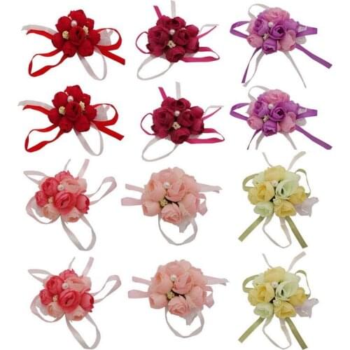 12PCS Rose Floral Wrist Corsage Wristband, Wedding Bride Girl Bridesmaid Wrist Corsage Party Prom Hand Flower Decor