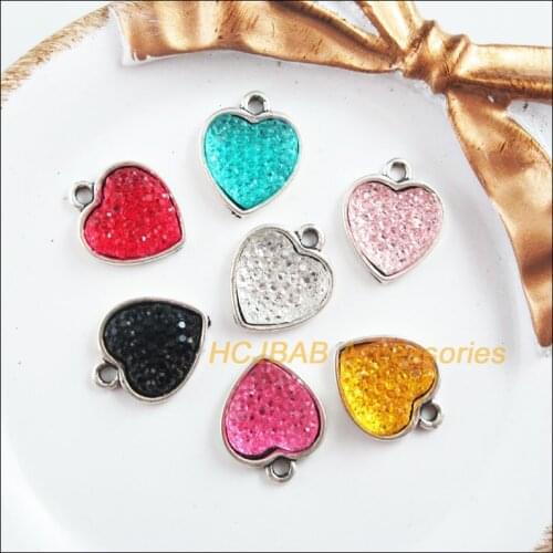 14 New Heart Charms Tibetan Silver Tone Retro Mixed Resin Pendants 13.5x16.5mm
