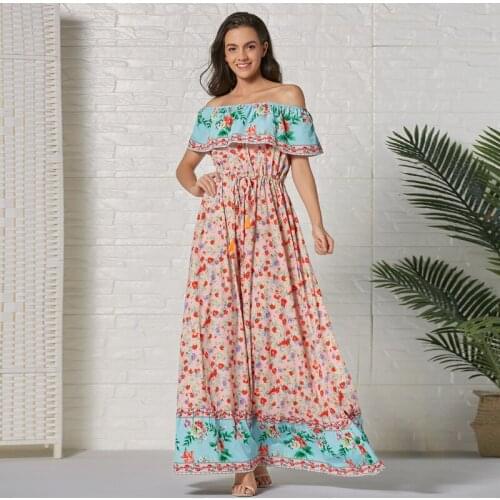 AECU 2021 Women Boho Long Dress Floral Printing Beach Maxi Dress Off Shoulder Vintage Big Pleated Dress Female Vestidos