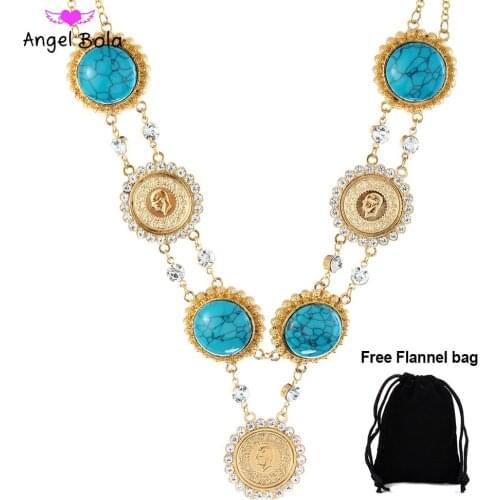 Arabian Round Coin Blue Rhinestone Ladies Luxury Pendant Jewelry Muslim Gold Portrait Unisex Charm Exquisite Necklace Gift