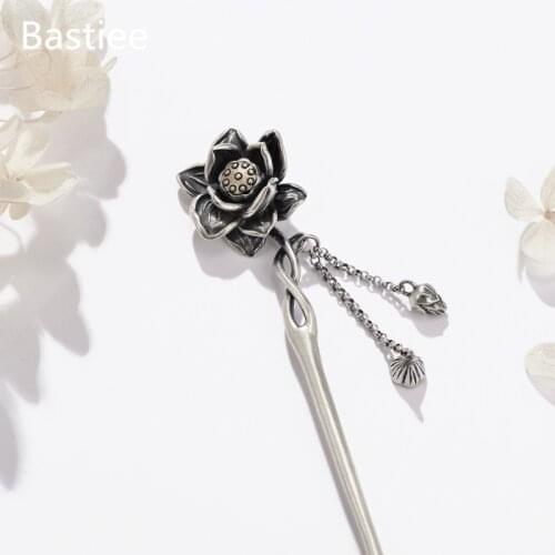 Bastiee Lotus Flower 925 Sterling Silver Chinese Hair Stick Luxury Jewelry Vintage Hair Pins Women Accessories Hairpin