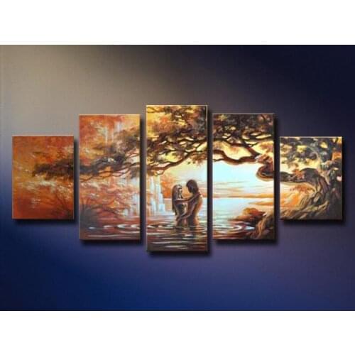 Free Shipping hand-painted modern Romantic sexy nude lovers man woman sunset landscape oil painting on canvas decoration