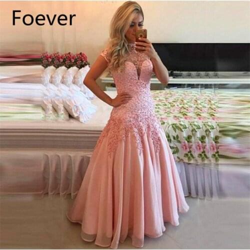 BONJEAN Pink High Neck A Line Evening Dresses 2019 Short Sleeves Beaded Appliques Lace Prom Dresses Floor Length Robe de soiree