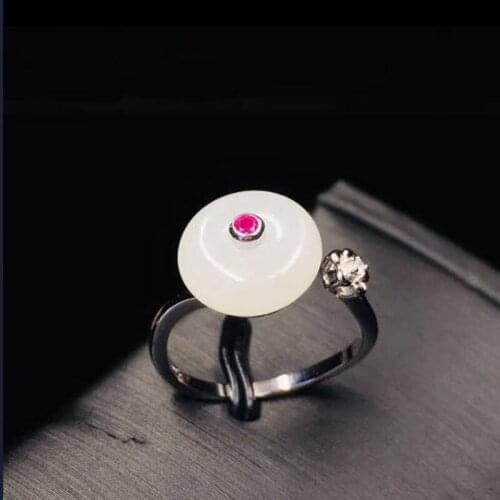 Natural Hetian White Jade The Round Inlay Zircon Ring 925 Silver For Women Fine Jewelry