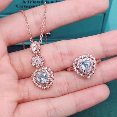 2021 Trend Jewelry Set Romantic Heart Pendant Necklace AAA Cubic Zircon Exquisite Rose Gold Ring For Women Wedding Christmas