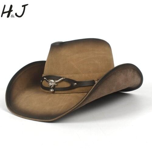 Fashion Men Western Cowboy Hat For Dad Gentleman 100% Leather Sombrero Hombre Jazz Caps Size 58-59CM