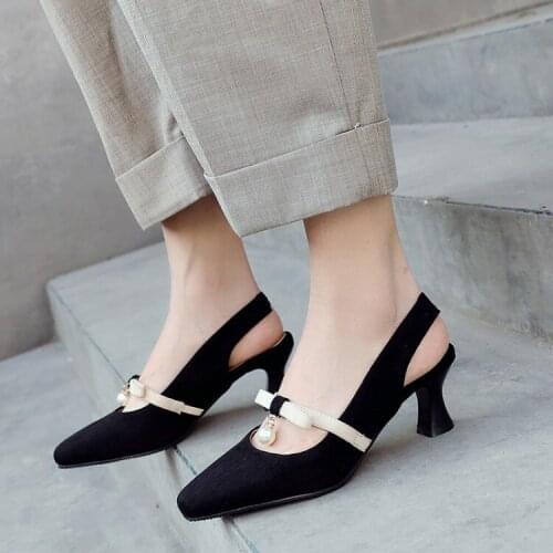 Spring new suede thick sandals womens mid-heeled bow round head wild four seasons ladies shoes large size