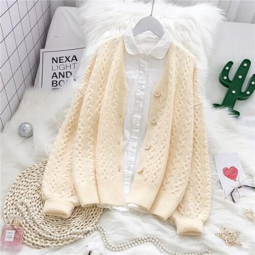 2021 Autumn New Knitted Women Sweaters and Cardigan Lantern Sleeved Thicken Warm Female Outwer Coat Tops