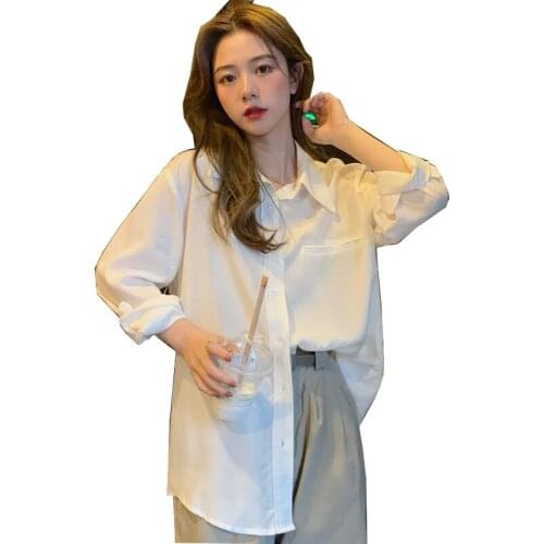2021 Spring Autumn Women Shirts White Plain Loose Oversized Blouses Female Tops Loose BF Korean Style Blusas Pockets CL832