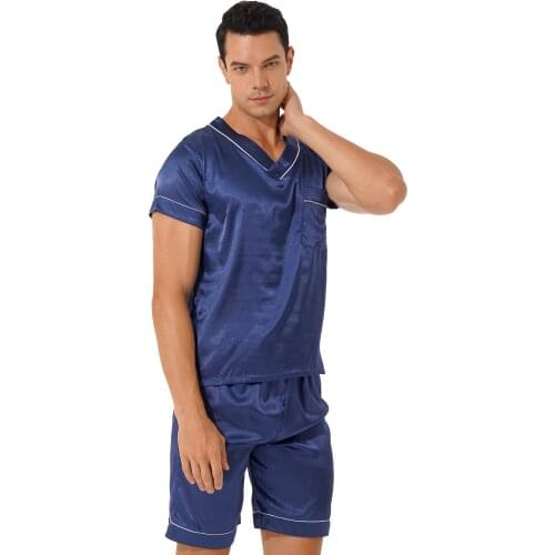 Plus Size Satin Pajama Set Men Loungewear Homewear Sleepwear Nightwear Comfortable Loose V Neck Short Sleeve T-Shirt with Shorts