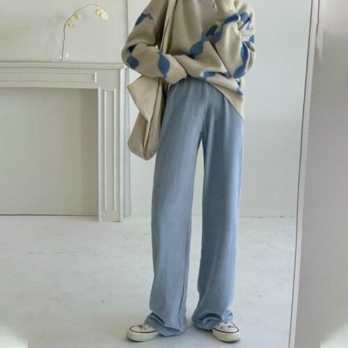 Spring New Women Corduroy Wide Leg Long Pants Elastic High Waist Pit Slim Trousers