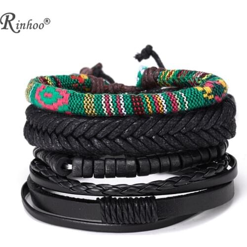 RINHOO 4pcs/Set Vintage Leather Beaded Bracelets for Men Wrap Punk Black Braided Jewelry Valentines Day Gift Bracelets Bangles