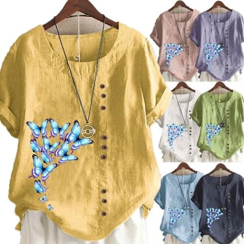 New Summer Womens New Fashion Round Collar Short Sleeve Casual Linen T-Shirt Loose Ladies Blouse Tops Plus Size