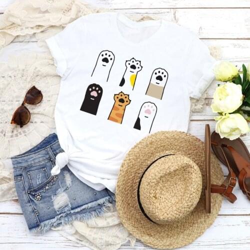 Women Sweet Cat Dog Paw Pet Cartoon Fashion Printing Fashion Tees Clothing Lovely Print Tops T Shirt Shirt Womens T-Shirt