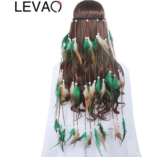 LEVAO 2021 Girls Black Feather Hairbands for Women Festival Bohemian Style Headbands Hair accessories Hair Rope Headwear Hippie