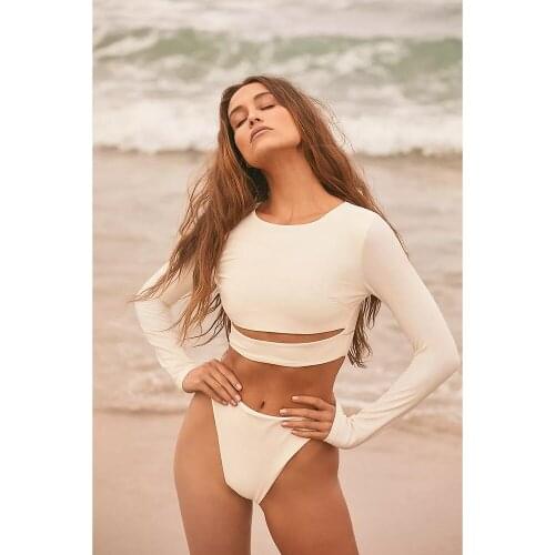 2021 Bikini Surfing Swimsuit Women Two Piece Long Sleeve Bandeau Swimwear Solid Color Push Up Summer Beach Bathing Suit Biquini