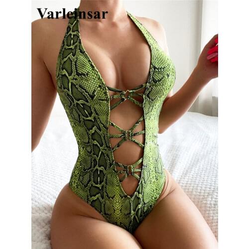 New Sexy Snake Skin Halter Monokini Women Swimwear One Piece Swimsuit Female Tummy Cut Out Bather Bathing Suit Swim Lady V3056