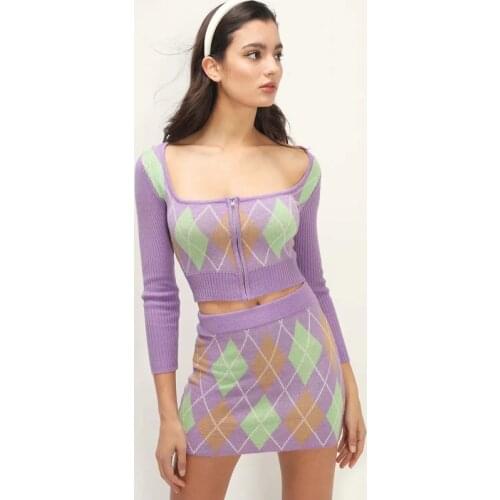 Women Square Neck Zip Through Front Argyle Knit Crop Cardigan Co ord Knitted Argyle Mini Skirt Co ord Two Pieces Knit Set