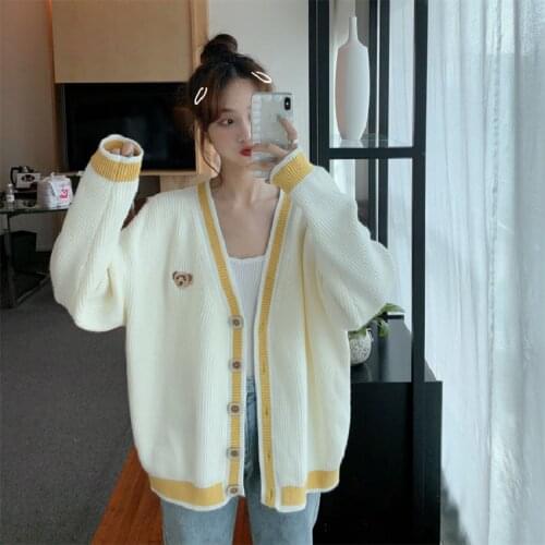 Spring Autumn Color Matching V-Neck Knitted Cardigan Women 2021 Korean Fashion Loose All-Match Long-Sleeved Sweater Coat Female