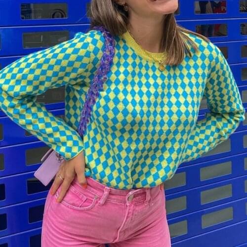 Plaid Knit Sweater Women Long Sleeve Green Pullover Sweater Casual Fashion Tops Winter Jumpers Loose Streetwear