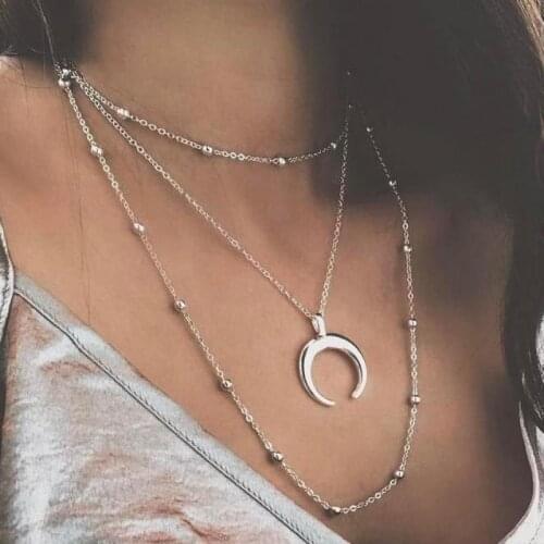 Gold Multi Layer Moon Choker Necklace Women Sweater Chain Strand Chocker Pendant Necklaces Collares Mujer Collier Femme