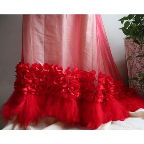 1 yard red beautiful bridal lace fabric with 3D floral and feathers, dark red 3D floral fabric for costumes accessories