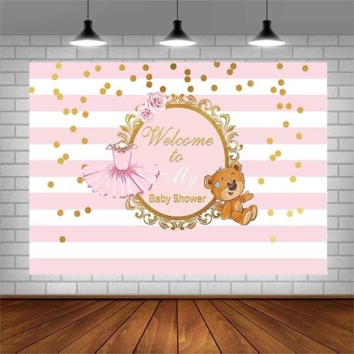 Avezano Photography Background Pink and White Stripes Flower Bear Skirt Girl Baby Shower Prity Backdrops Cake Smash Banner Decor
