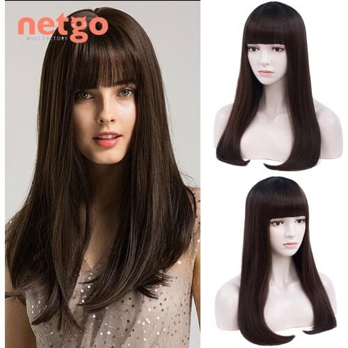 Netgo Long Straight Brown Synthetic Wig Ombre Blonde Wig With Bangs Heat Resistant Fiber Hair For Women Girl Daily Cosplay Party