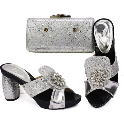 Doershow beautiful silver Italian Shoes With Matching Bags African Women Shoes and Bags Set For Prom Party Summer Sandal!SBA1-4