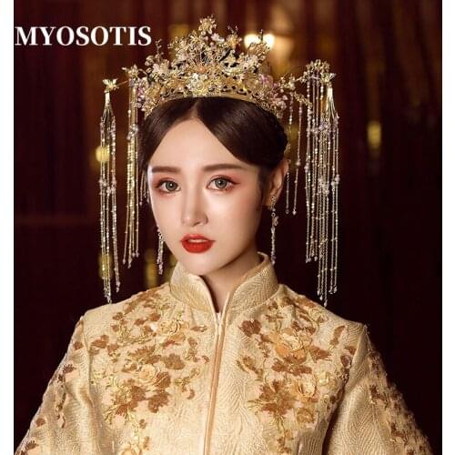 Elegance Bridal Wedding Xiuhe Headdress Vintage Chinese Gold Long Tassel Cheongsam Round Hair Crown Accessories