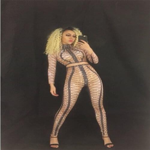 F42 Ballroom dance Costume Nude bandage jumpsuit models bodysuit sexy dj wears stage show bar singer Crystals bodysuit Siamese