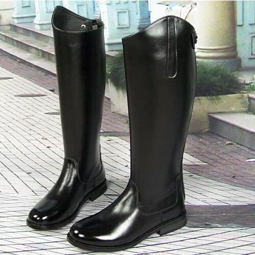 Men Chunky Full Grain Leather Pure Color Fashion Long Boots Winter Short Plush Flat Heel Round Toe Warm Comfortable Long Boots