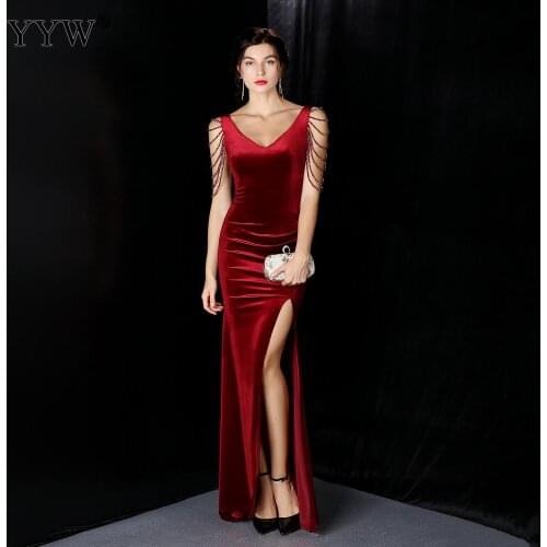 New Elegant Solid Long Evening Dress Beadings Tasssel Sexy Deep V Party Dresses High Spilt Femme Vintage Vestidos XXL