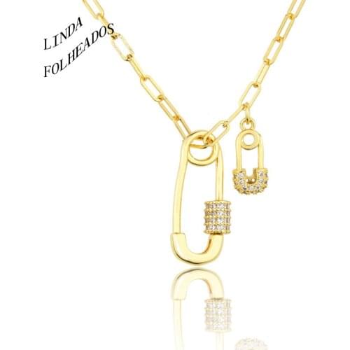 LINDA FOLHEADOS Unique Paper Clip Safety Pin Pendent Necklace for Women Tiny Multicolor Cubic Zirconia Charm Jewelry Punk Style