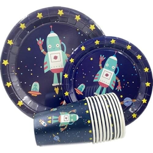 Omilut Robot Party Disposable Tableware Cartoon Robot Disposable Plates/Cups Outer Space Birthday Decor Supplies
